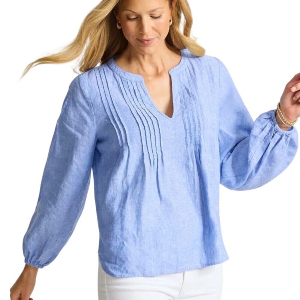 Tommy Bahama Coastalina Linen Pintuck Peasant Top Womens XL Buccaneer Blue Flowy